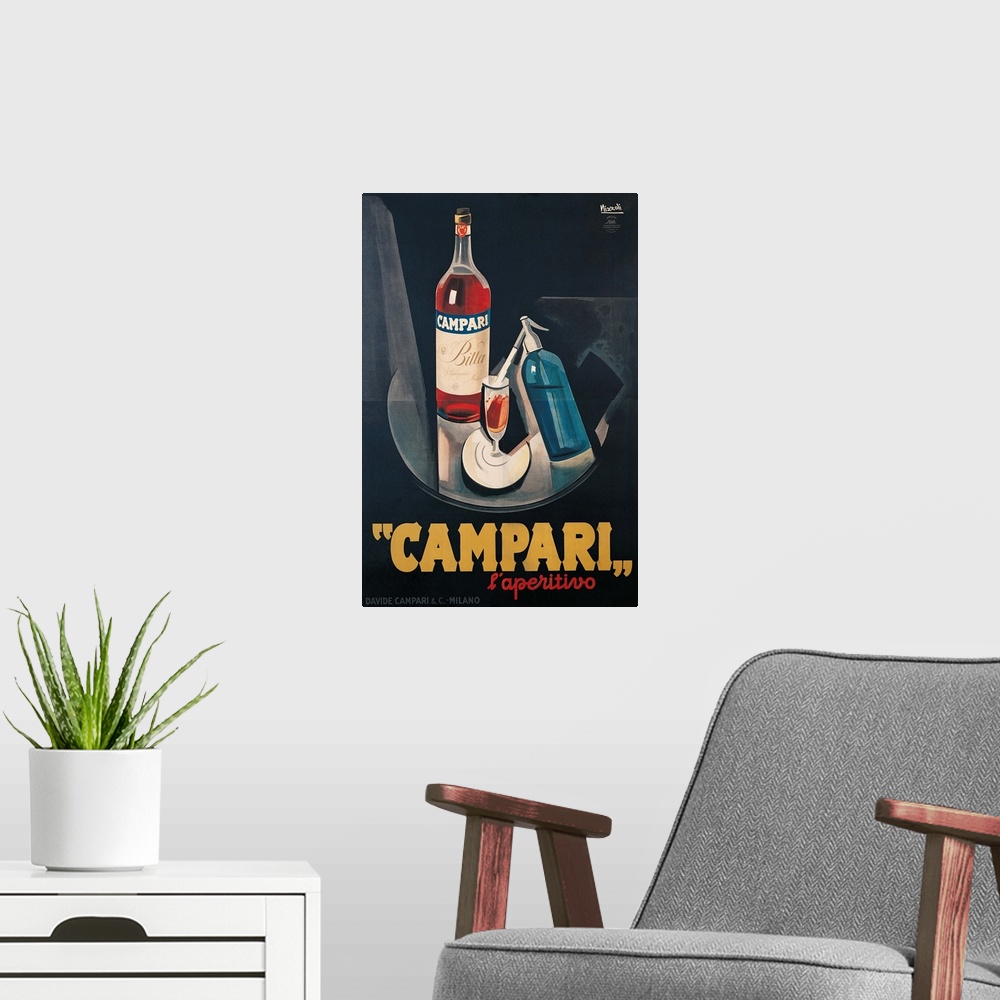 A modern room featuring Private Collection. All. Poster advertising Campari aperitif bottle glass soda water black blue r...