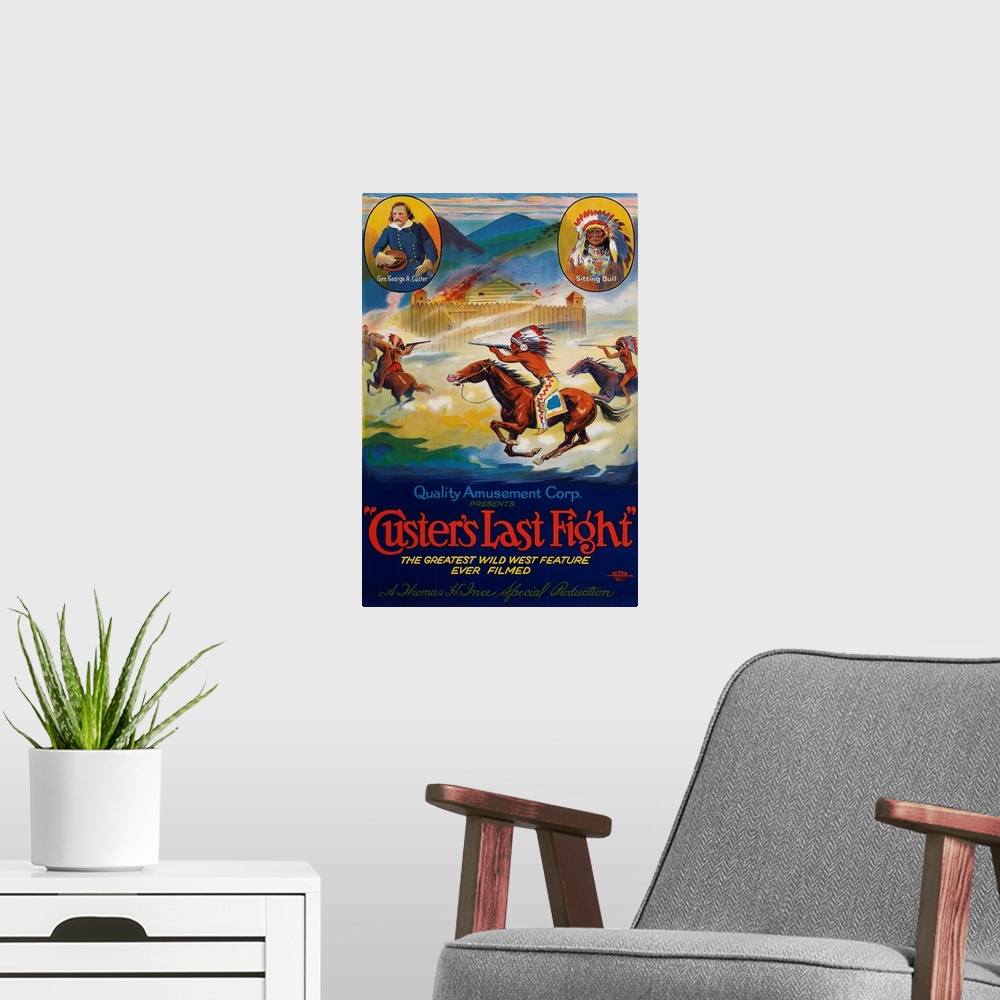A modern room featuring Retro poster artwork for the film Custer's Last Fight.