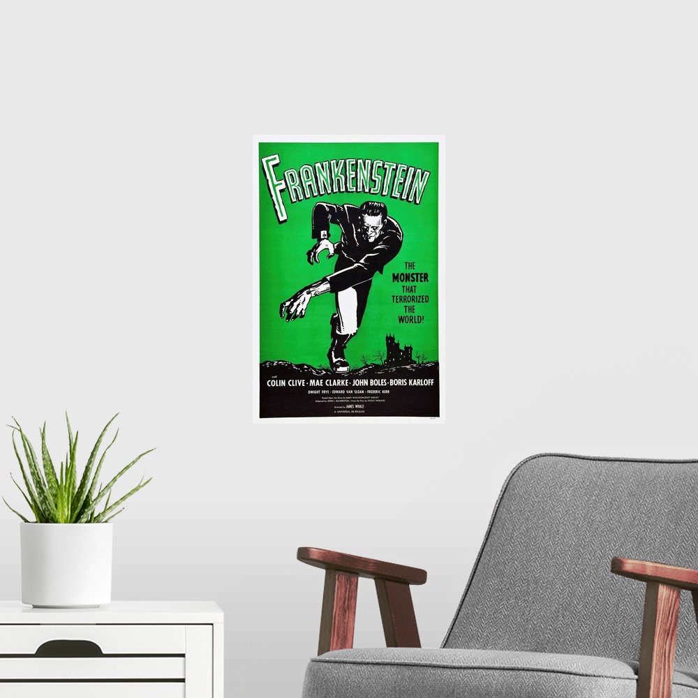 A modern room featuring Frankenstein - Vintage Movie Poster
