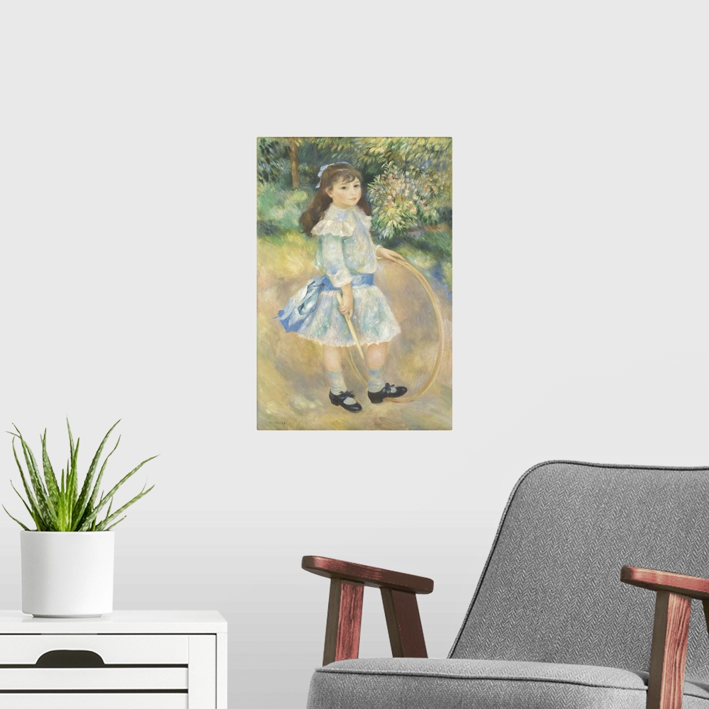 A modern room featuring Girl with a Hoop, by Auguste Renoir, 1885, French impressionist painting, oil on canvas. Renoir w...