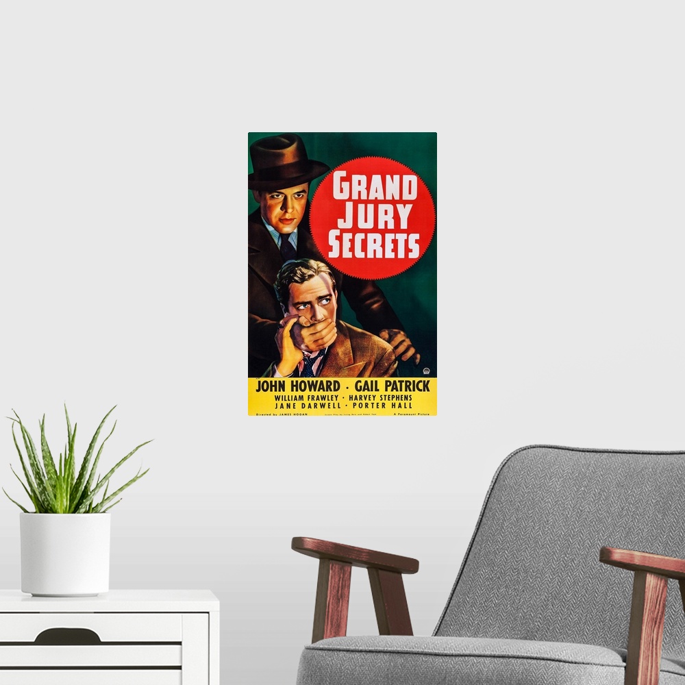 A modern room featuring Retro poster artwork for the film Grand Jury Secrets.