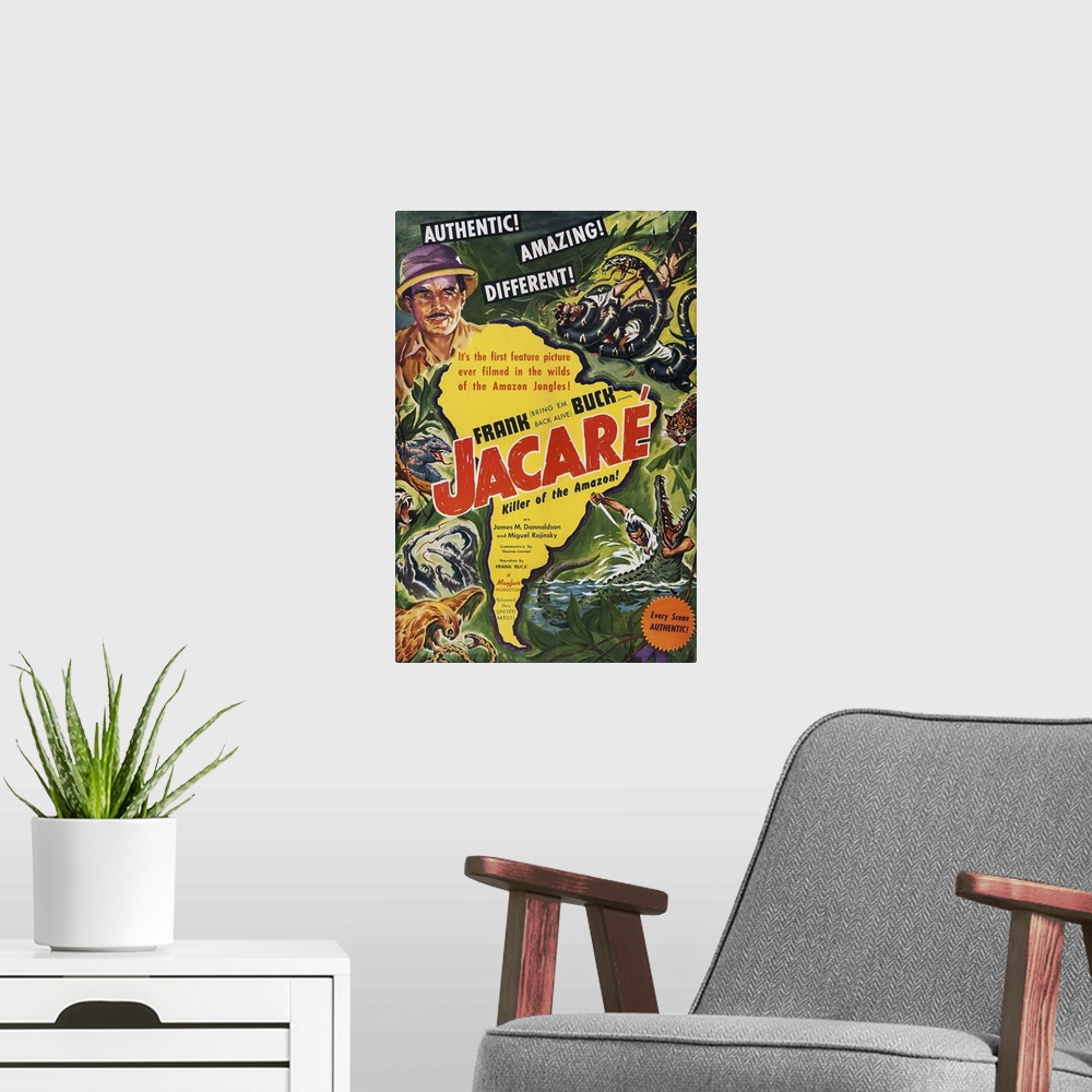 A modern room featuring Retro poster artwork for the film Jacare.