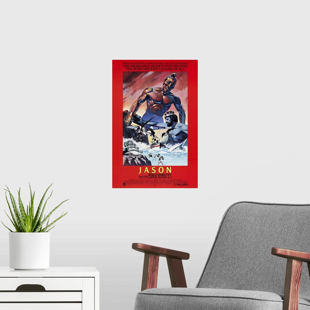 A modern room featuring Retro poster artwork for the film Jason and the Argonauts.