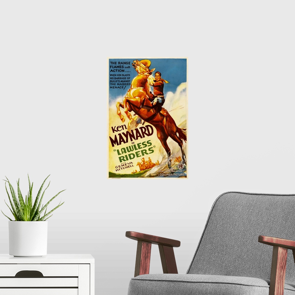 A modern room featuring Lawless Riders - Vintage Movie Poster