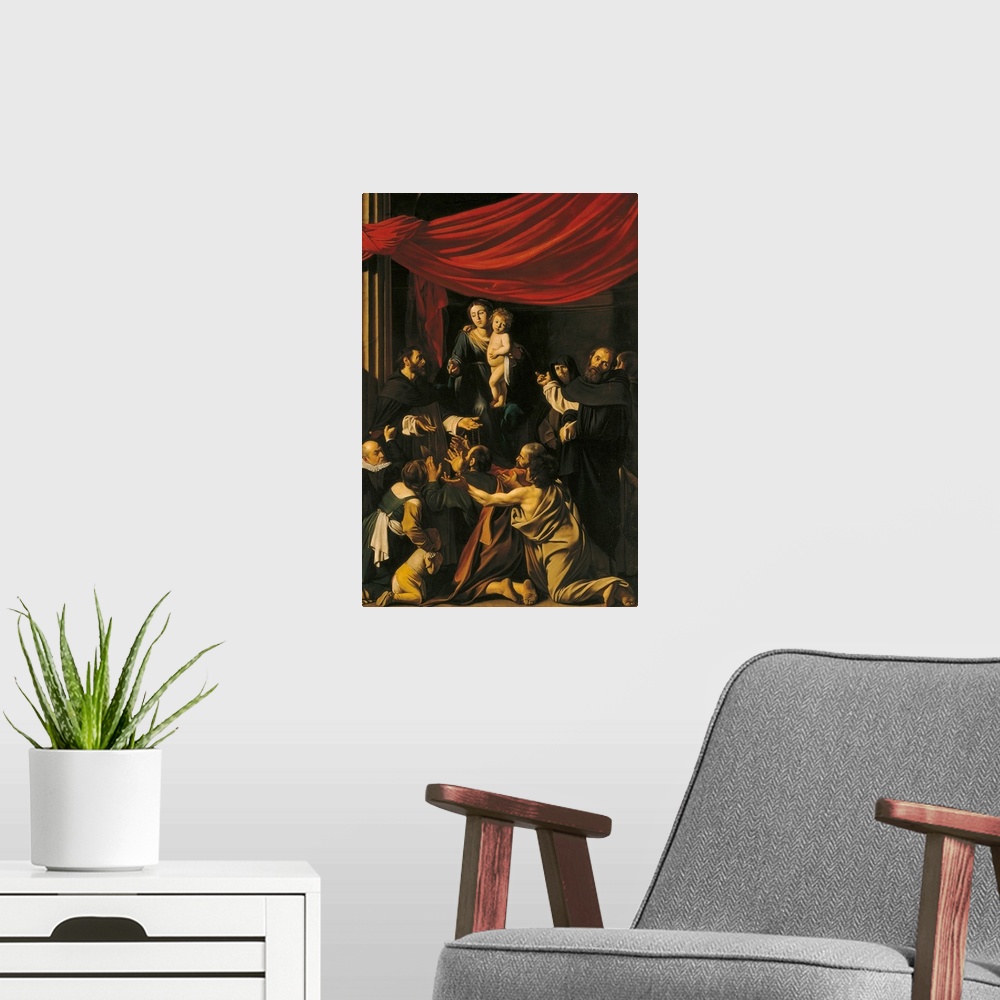 A modern room featuring Madonna of the Rosary, by Michelangelo Merisi known as Caravaggio, 1606 - 1607, 17th Century, oil...