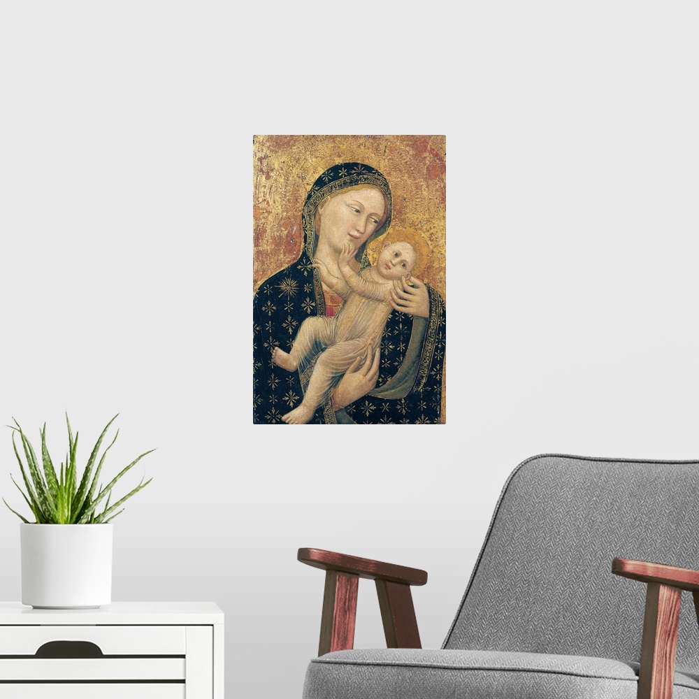 A modern room featuring Madonna with Child, by follower of Vitale degli Equi known as Vitale da Bologna, 1345 - 1350, 14t...