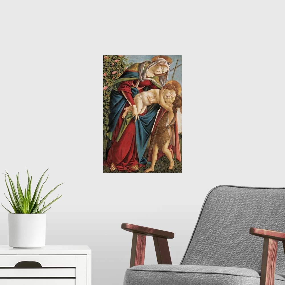 A modern room featuring Madonna with Child Embracing the Young St John, by Sandro Filipepi Known as Botticelli, 1495 - 15...