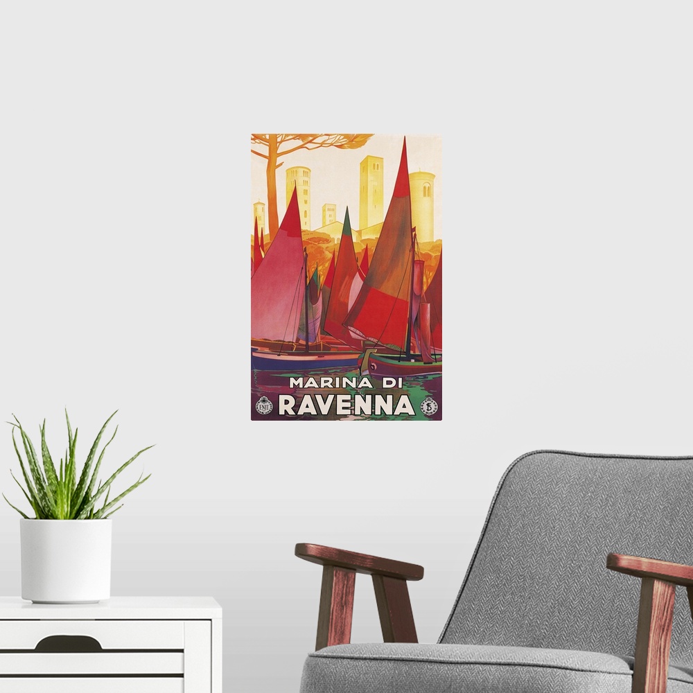 A modern room featuring private collection. Advertising poster Marina di Ravenna towers sails boats red sea. (159995) Eve...