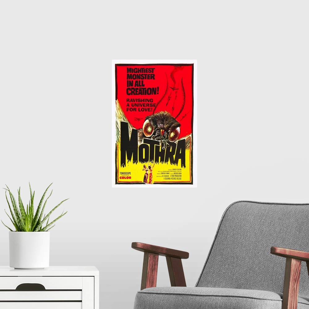 A modern room featuring Mothra - Vintage Movie Poster