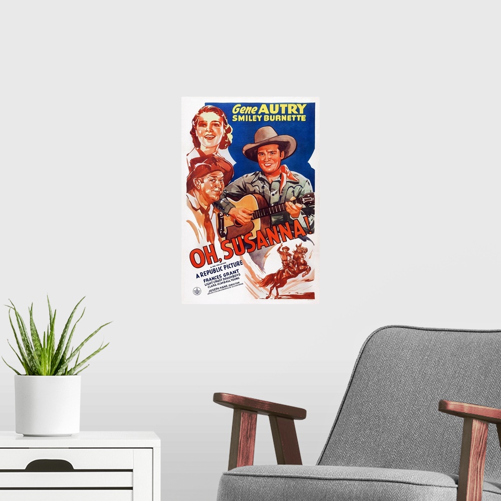 A modern room featuring Retro poster artwork for the film Oh, Susanna.