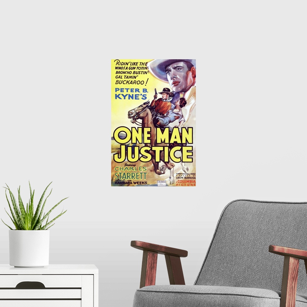 A modern room featuring Retro poster artwork for the film One Man Justice.