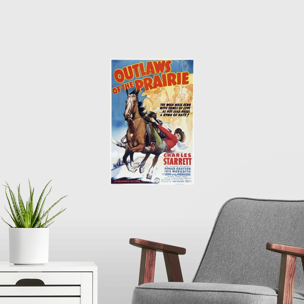 A modern room featuring Retro poster artwork for the film Outlaws of the Prairie.