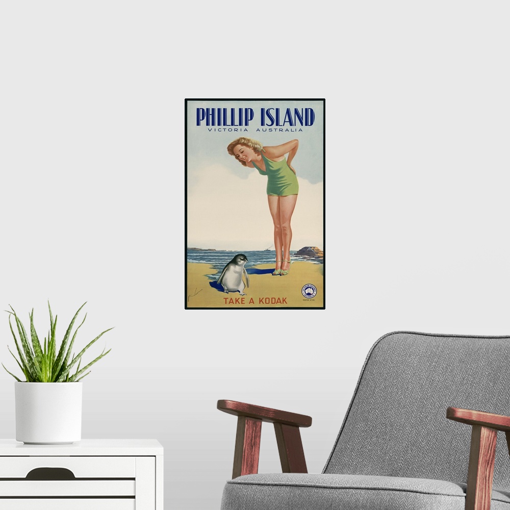A modern room featuring Phillip Island, Victoria, Australia. Take a Kodak. 1930s travel poster for Victorian Railways Aus...