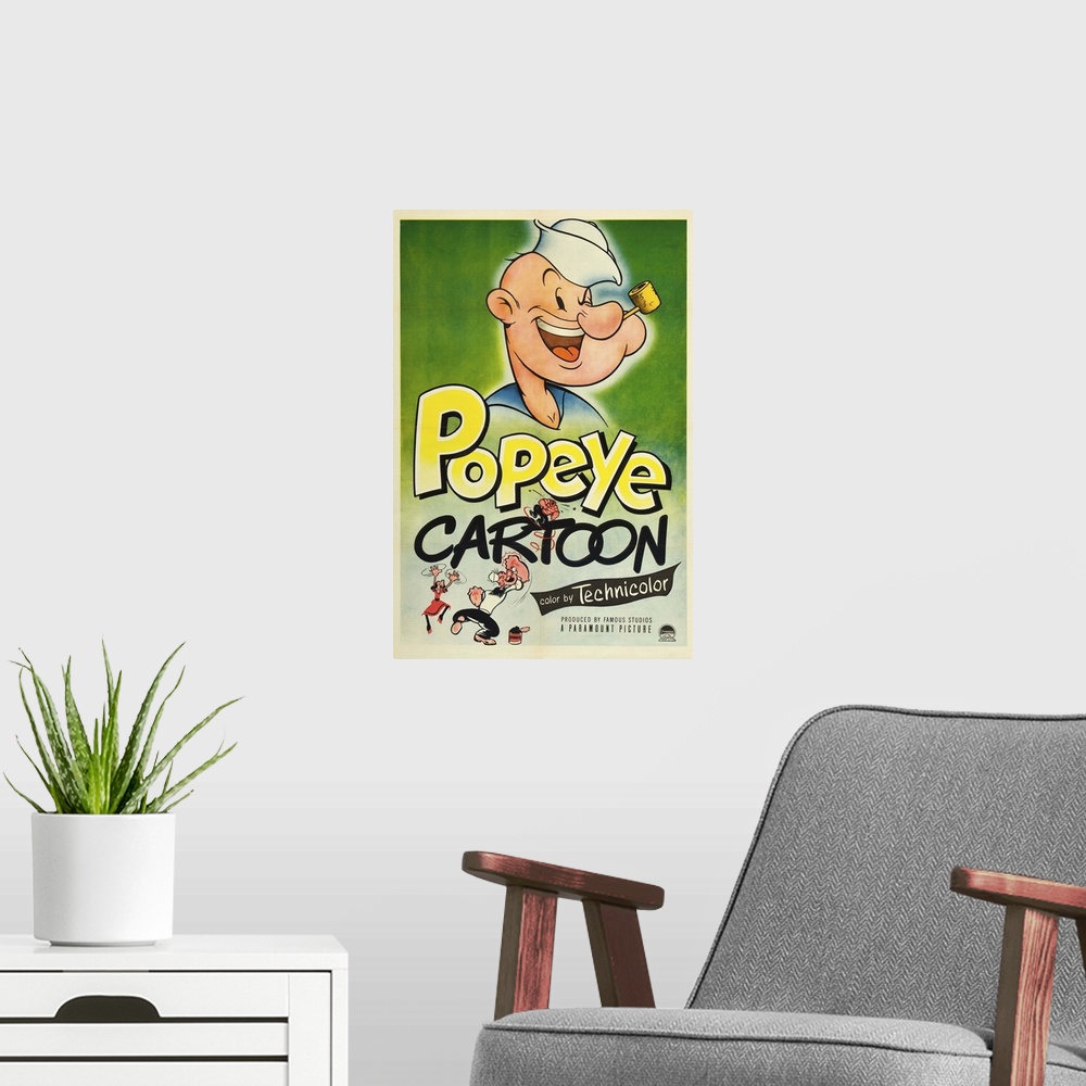 A modern room featuring Popeye Cartoon - Vintage Movie Poster