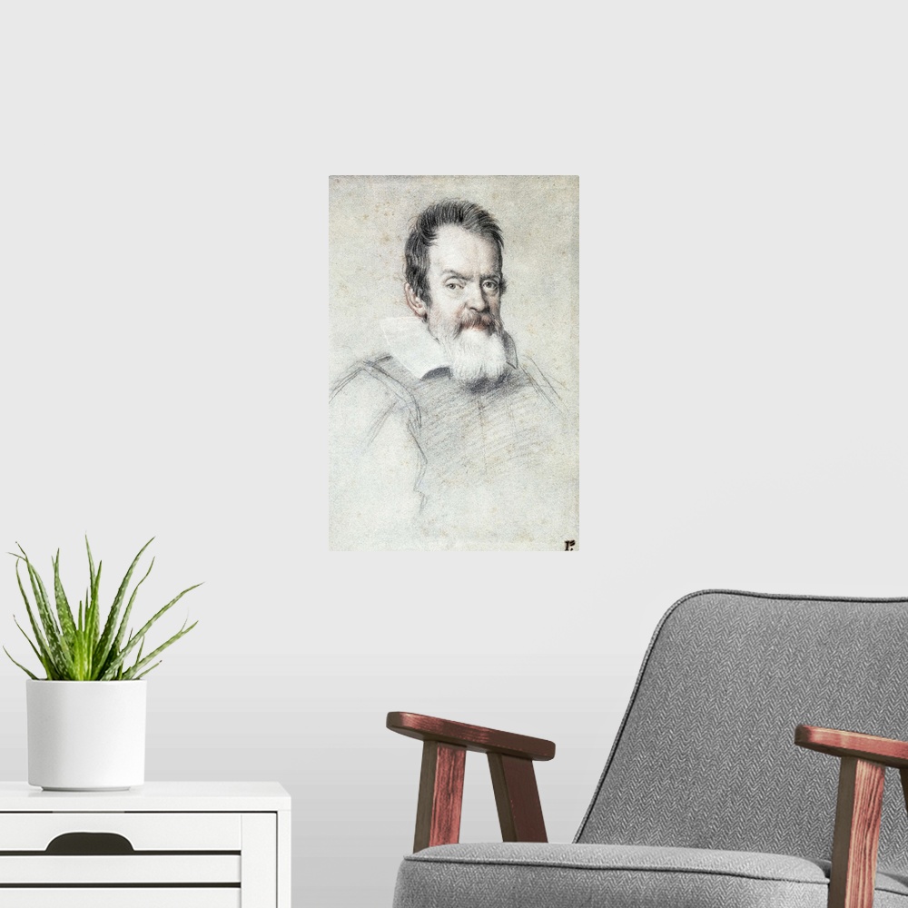 A modern room featuring Portrait of Galileo Galilei by Ottavio Mario Leoni