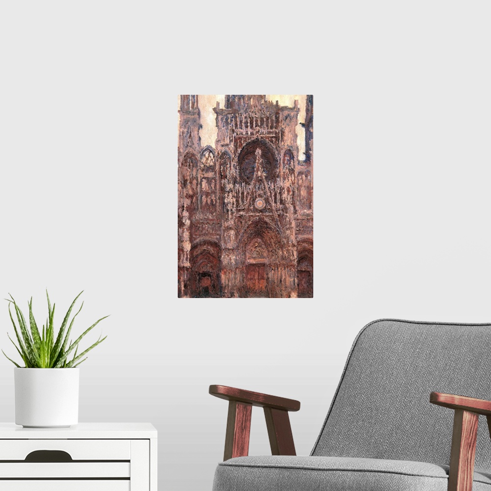 A modern room featuring Rouen Cathedral, Evening Effect, Harmony in Brown, by Claude Monet, 1892 about, 19th Century, oil...
