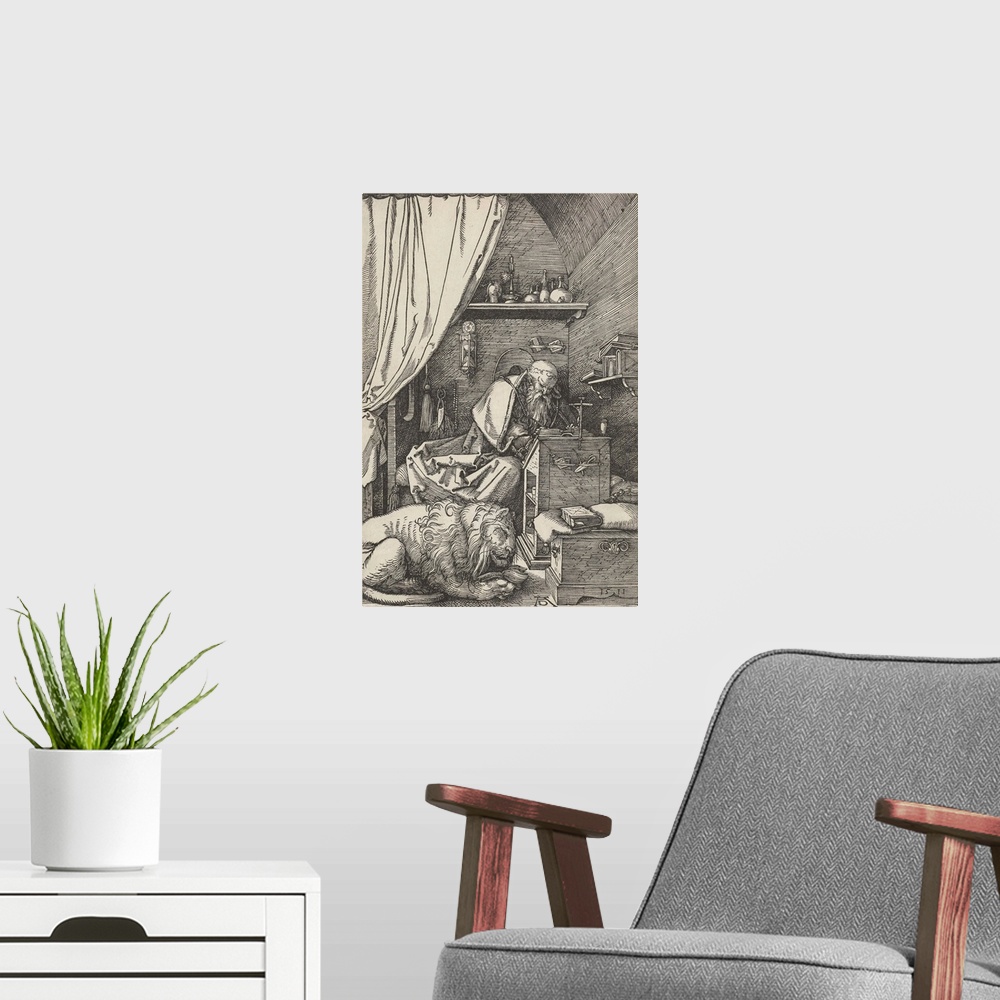 A modern room featuring St. Jerome in his Study, by Albrecht Durer, 1511, German print, wood engraving. The Doctor of the...