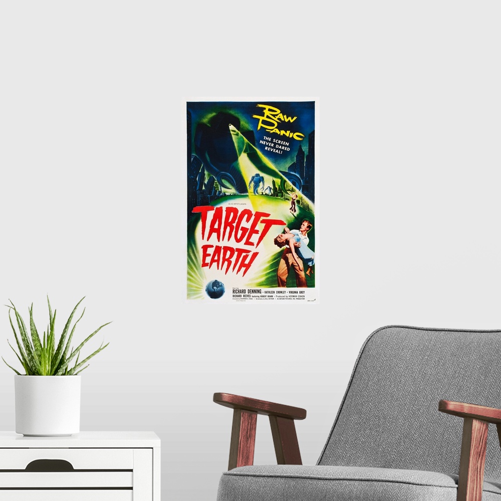 A modern room featuring Target Earth - Vintage Movie Poster