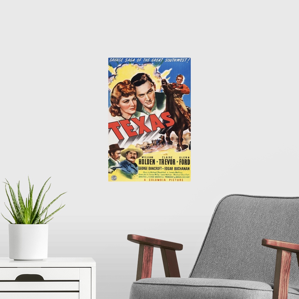 A modern room featuring Retro poster artwork for the film Texas.