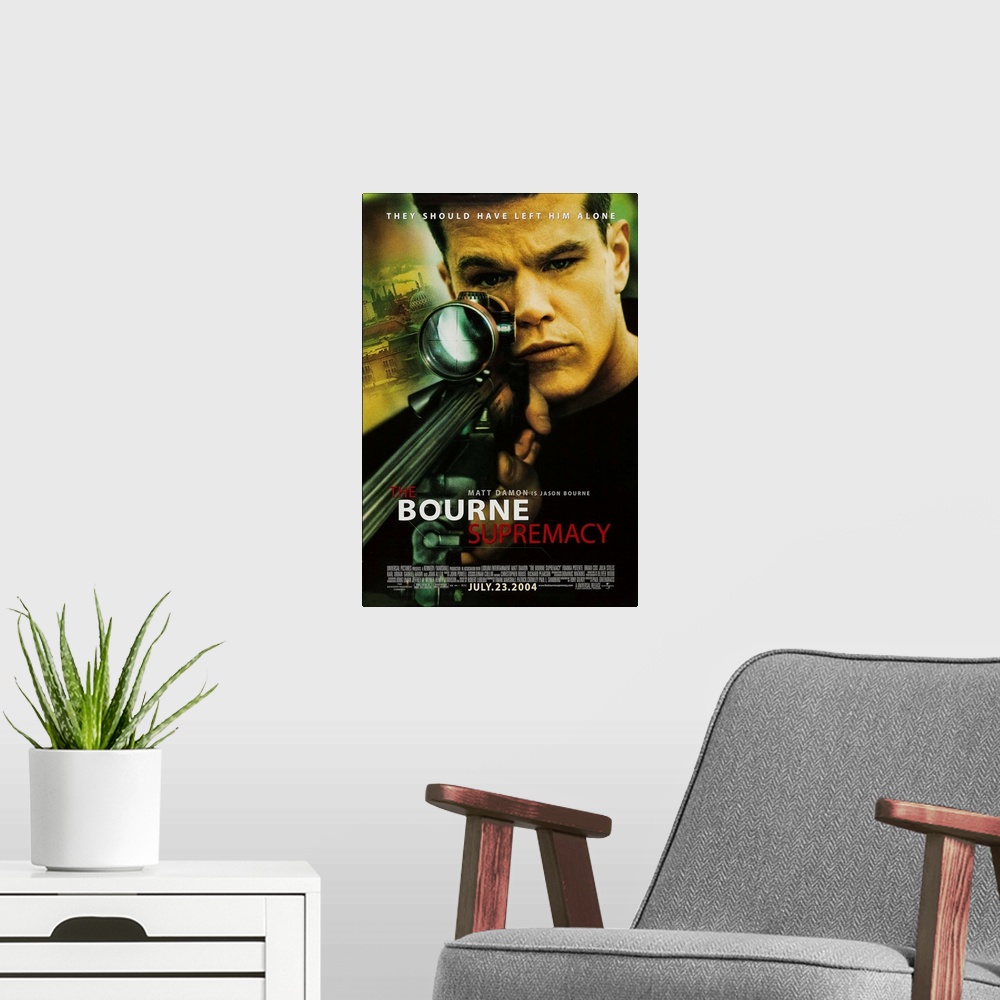 A modern room featuring THE BOURNE SUPREMACY, Matt Damon on US poster art, 2004, ..Universal Pictures/courtesy Everett Co...