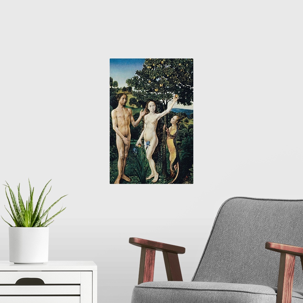 A modern room featuring The Fall of Man and the Lamentation