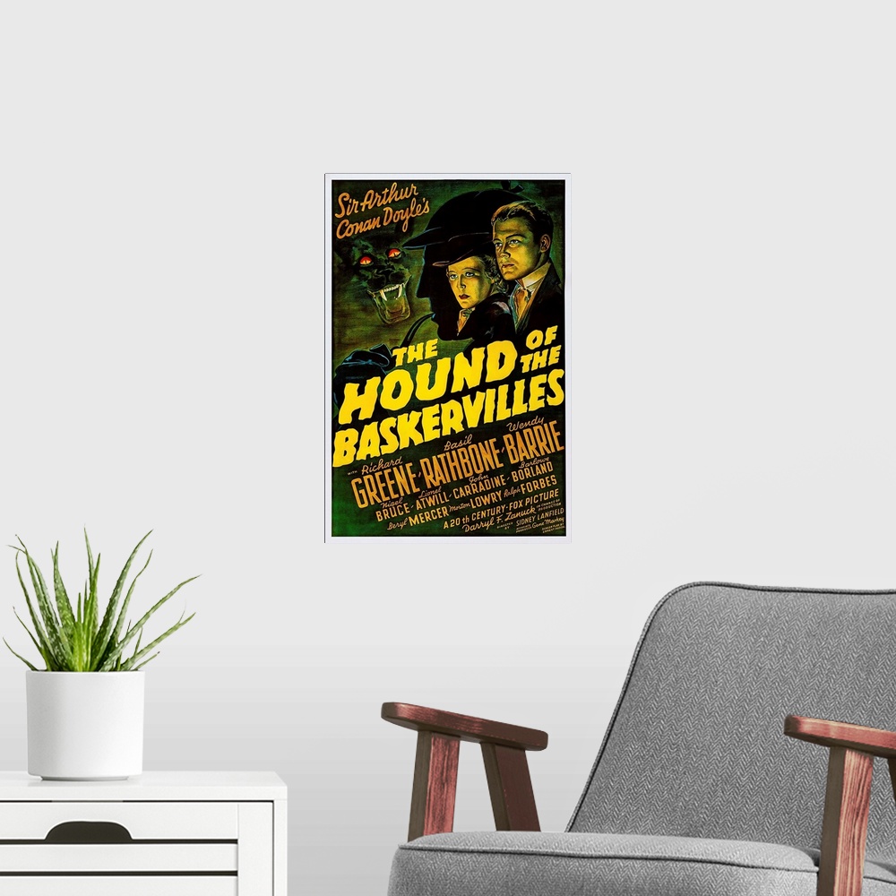A modern room featuring The Hound Of The Baskervilles, US Poster Art, From Left: Wendy Barrie, Richard Greene, 1939