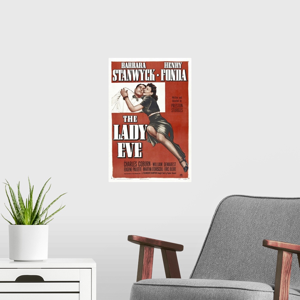 A modern room featuring The Lady Eve - Vintage Movie Poster