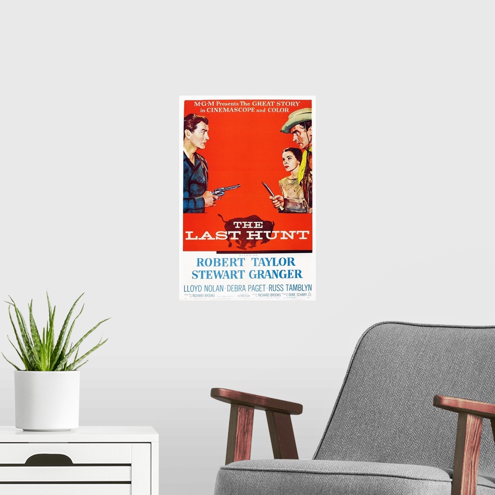 A modern room featuring Retro poster artwork for the film The Last Hunt.