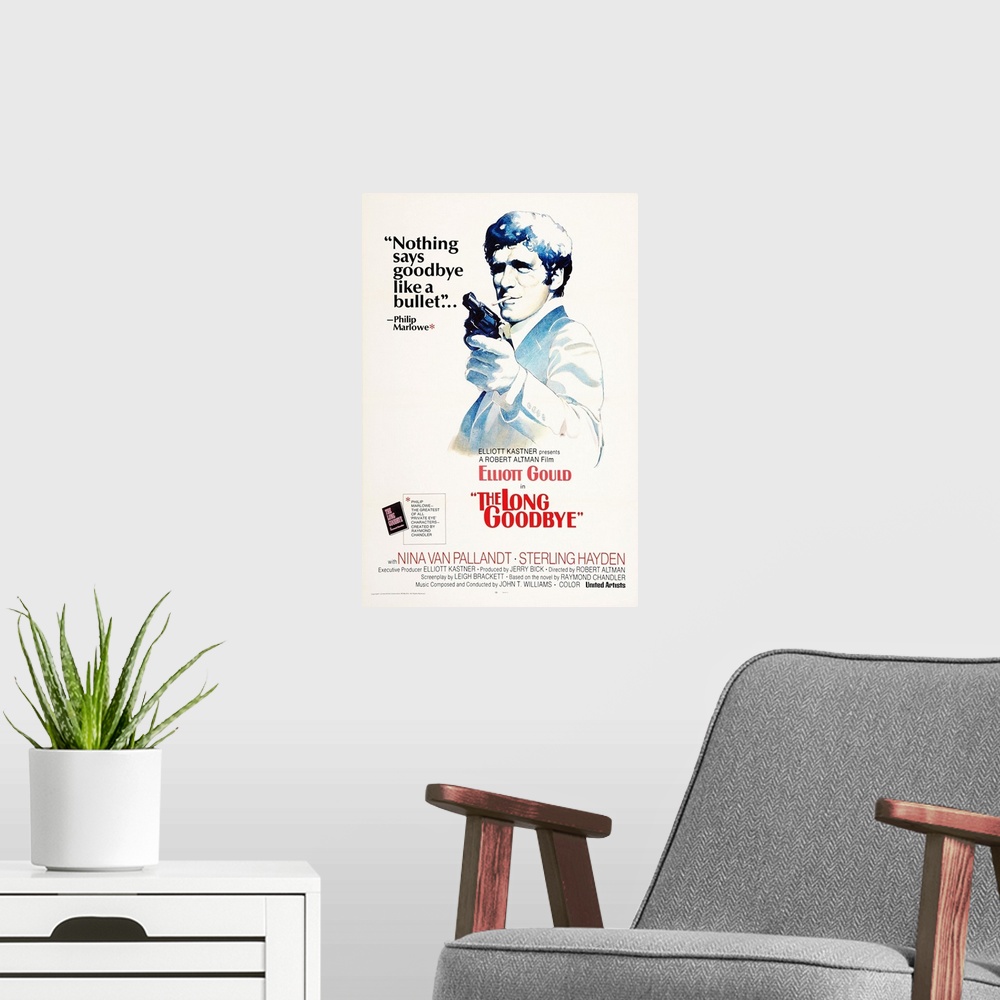 A modern room featuring Retro poster artwork for the film The Long Goodbye.