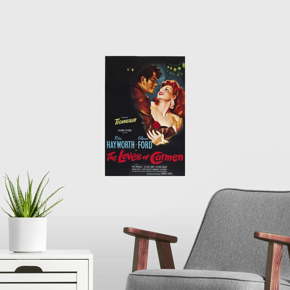 A modern room featuring The Loves Of Carmen - Vintage Movie Poster