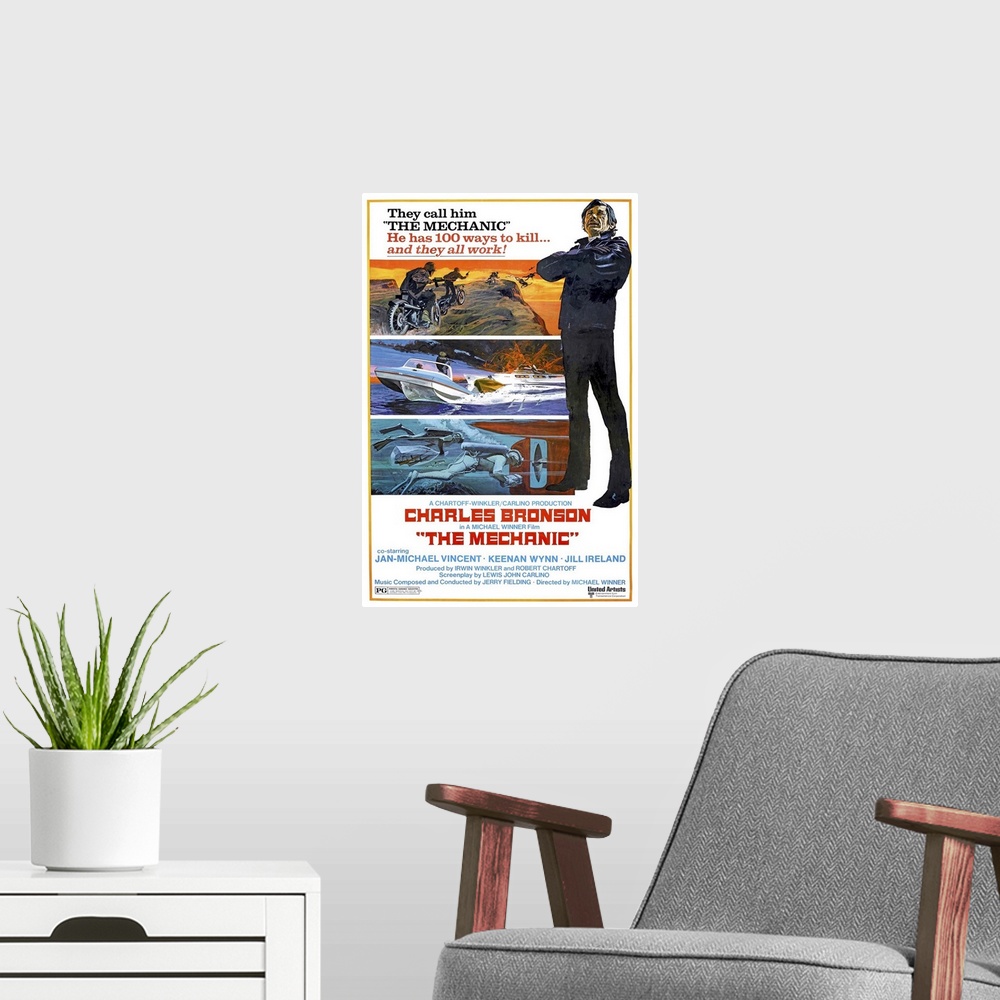A modern room featuring The Mechanic - Movie Poster