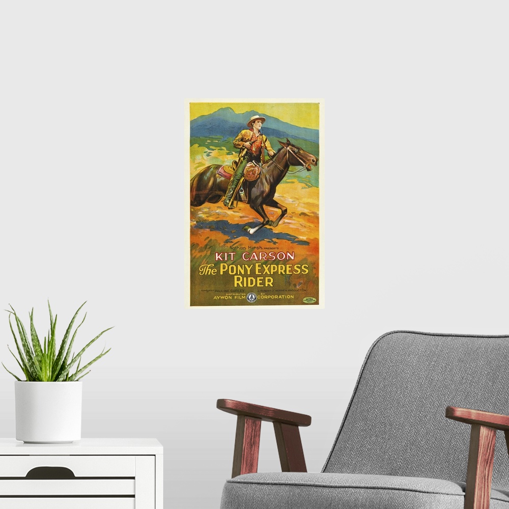 A modern room featuring The Pony Express Rider - Vintage Movie Poster
