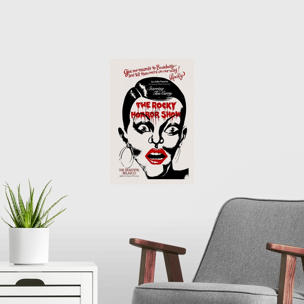 A modern room featuring THE ROCKY HORROR SHOW, poster art for the original Broadway run at the Belasco Theatre in New Yor...