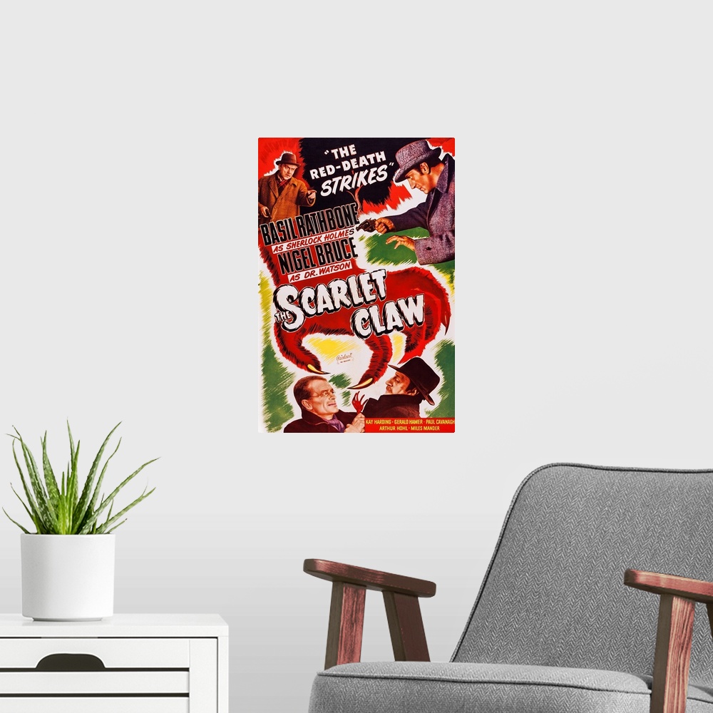 A modern room featuring Retro poster artwork for the film The Scarlet Claw.