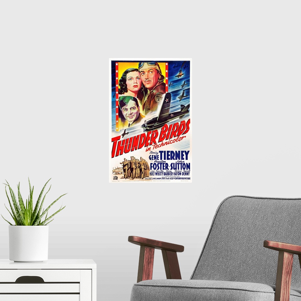 A modern room featuring Retro poster artwork for the film Thunder Birds.