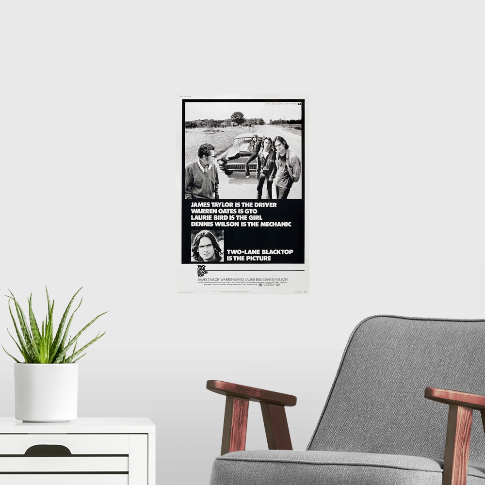 A modern room featuring Two-Lane Blacktop - Vintage Movie Poster