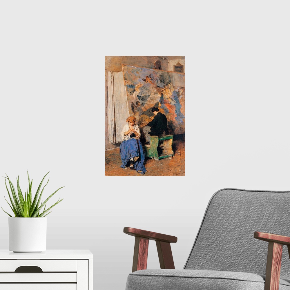A modern room featuring Italy, Lombardy, Milan, Brera Art Gallery. Vandalism poor ancients all blue green brown picture p...