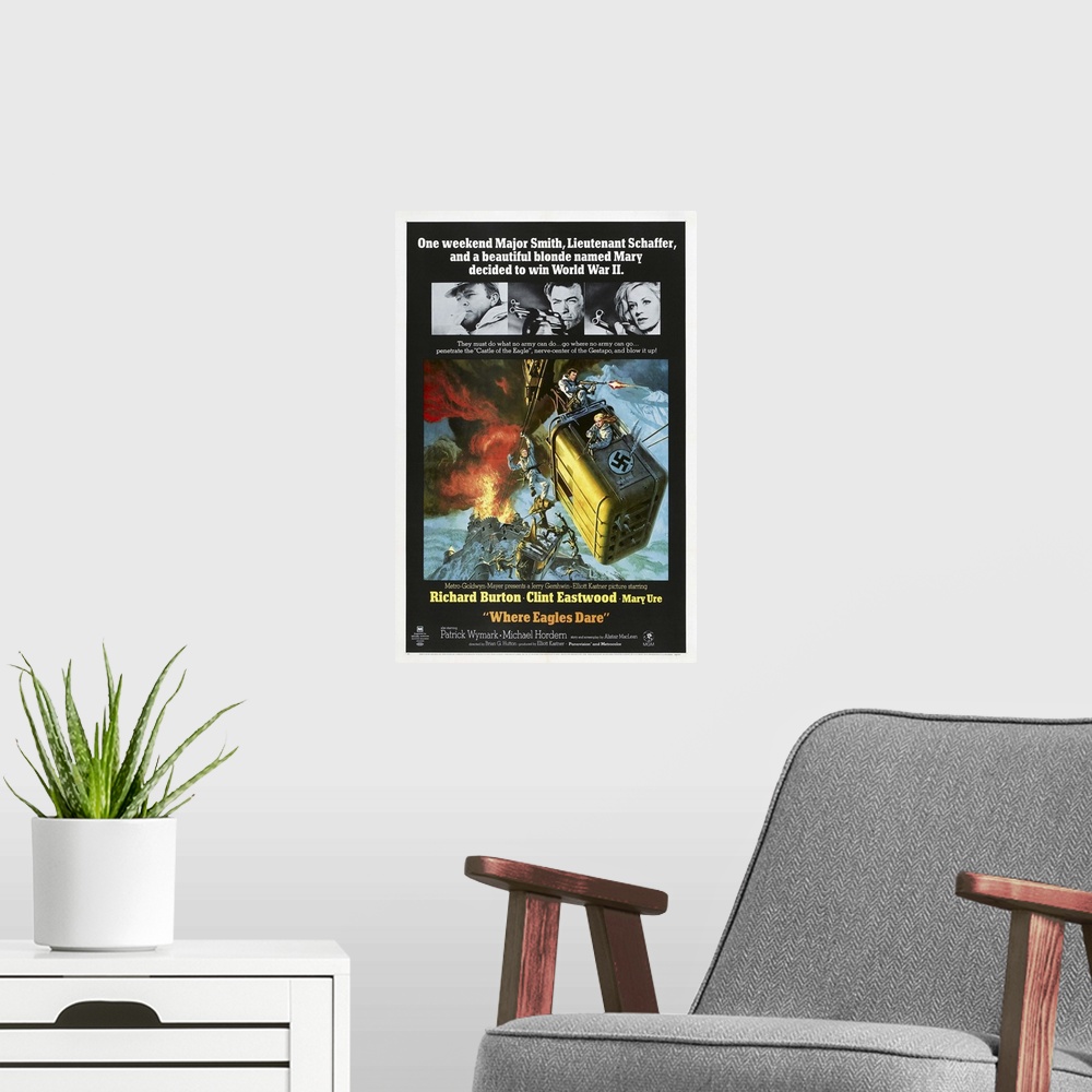 A modern room featuring Where Eagles Dare - Vintage Movie Poster
