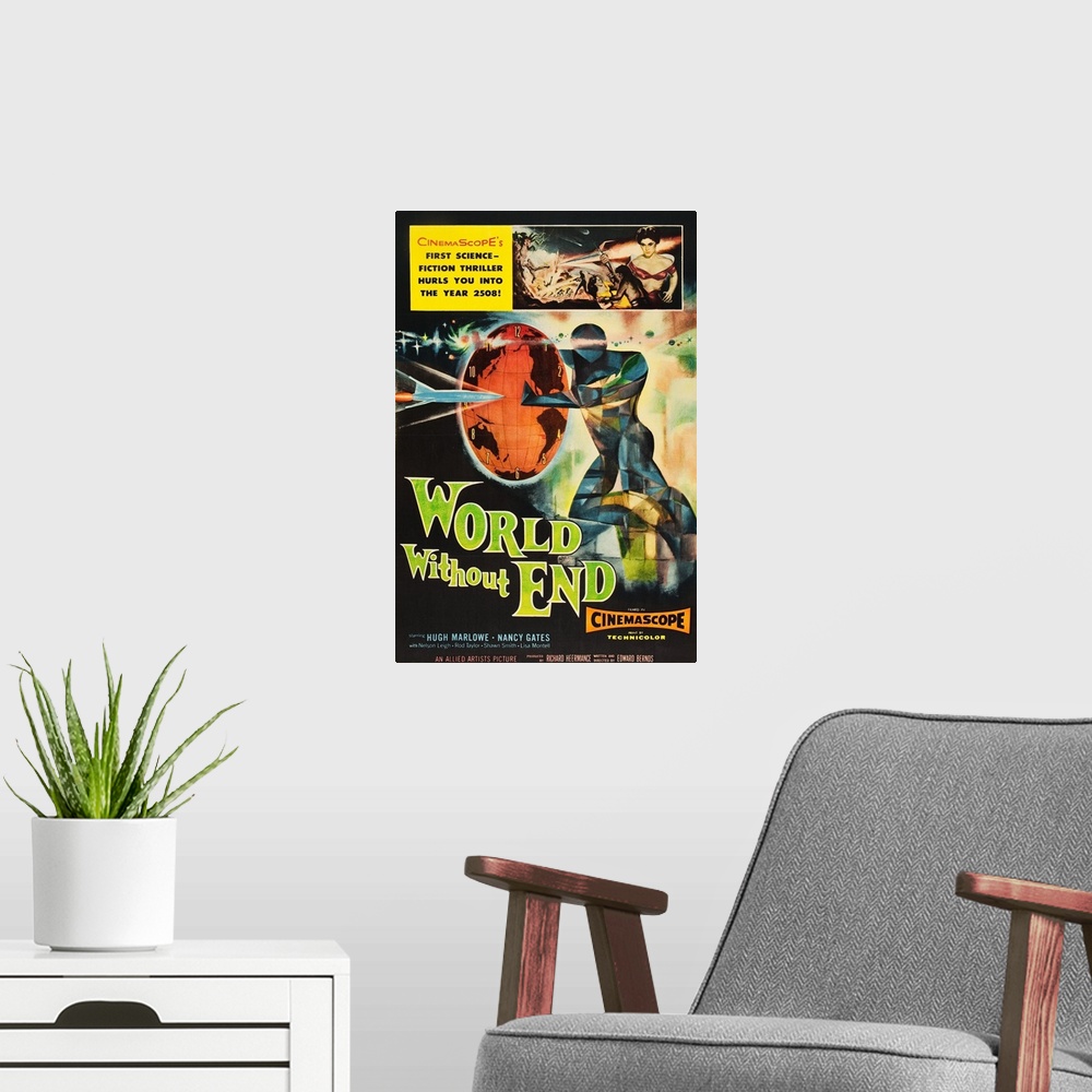 A modern room featuring WORLD WITHOUT END, Lisa Montell (top), poster art, 1956
