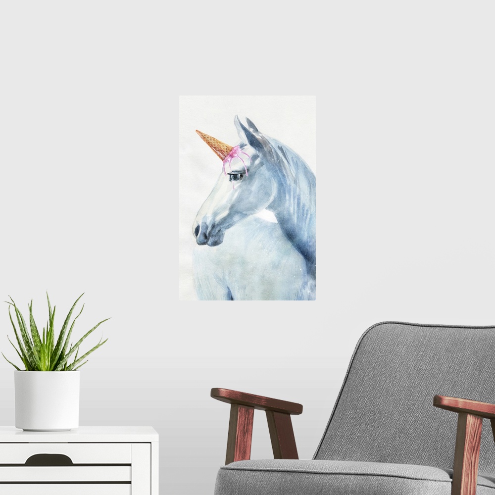A modern room featuring Blue watercolor painting of horse with emphasized head on white