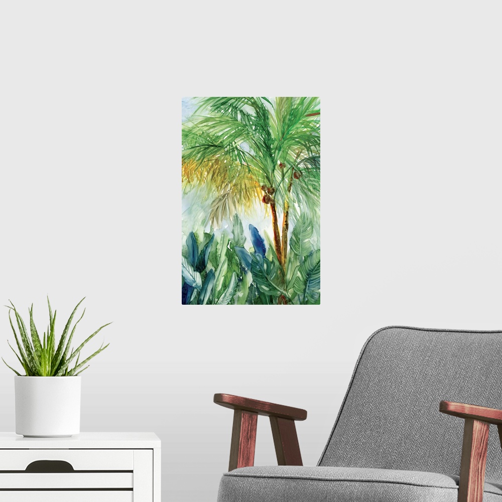 A modern room featuring Vertical watercolor painting of a coconut tree surrounded by palm leaves.