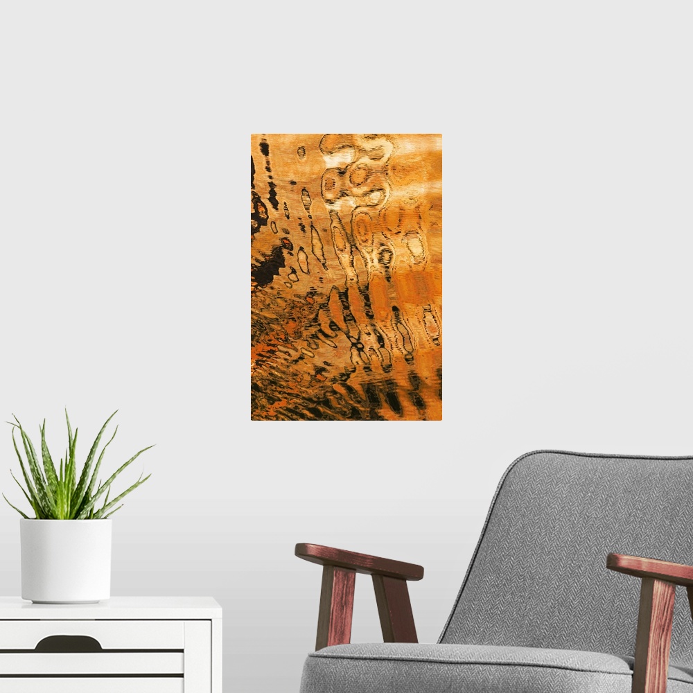A modern room featuring An abstract photograph created by natural reflections in rippling water.