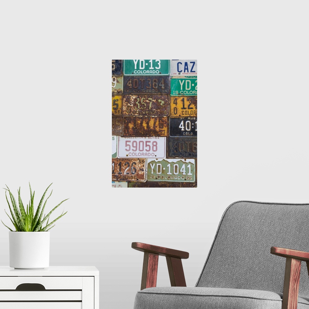 A modern room featuring A collection of vintage license plates.
