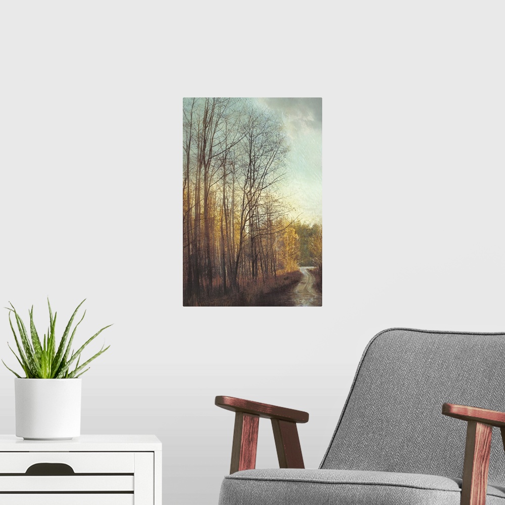 A modern room featuring Contemporary painting of a forest in the late fall in afternoon light, consisting of trees with b...