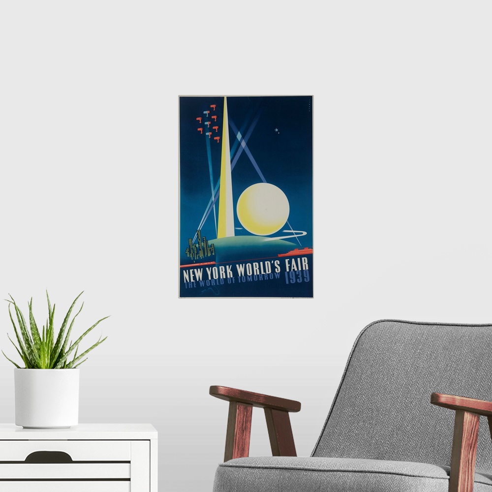 A modern room featuring 1939 New York World's Fair poster showing spotlit Trylon and Perisphere with air show and city sk...