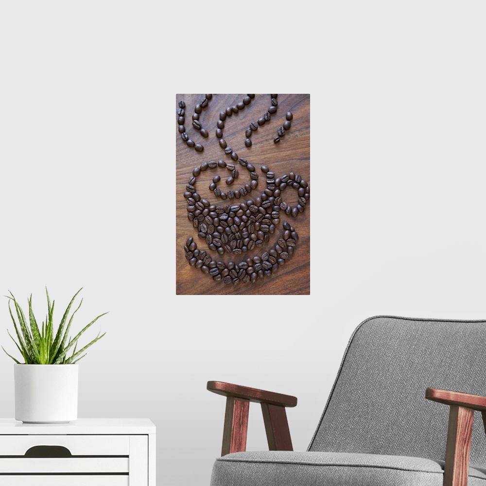 A modern room featuring Coffe cup illustrated using coffee beans