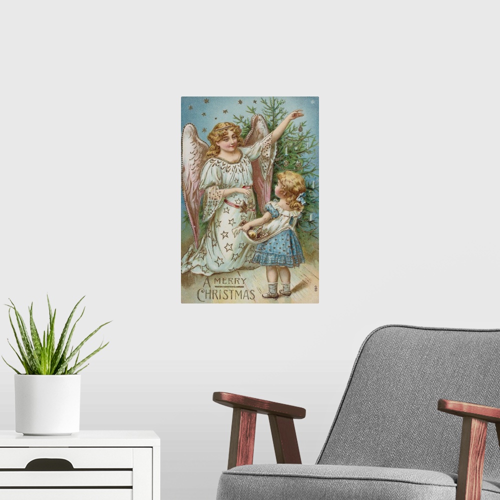 A modern room featuring A Merry Christmas Postcard With An Angel And Little Girl