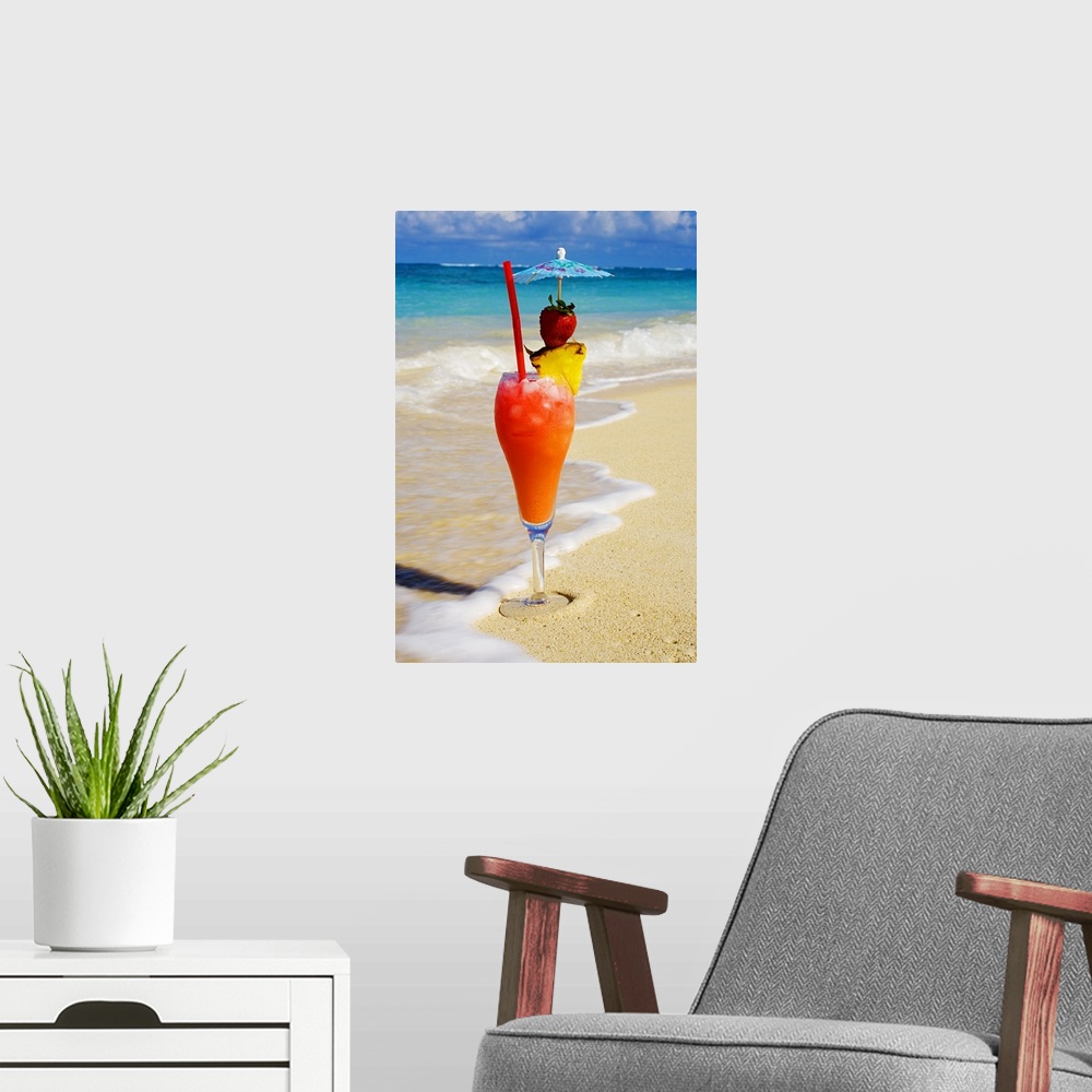 A modern room featuring This vertical tropical ocean theme photos show waves washing up on shore around an elaborate drin...