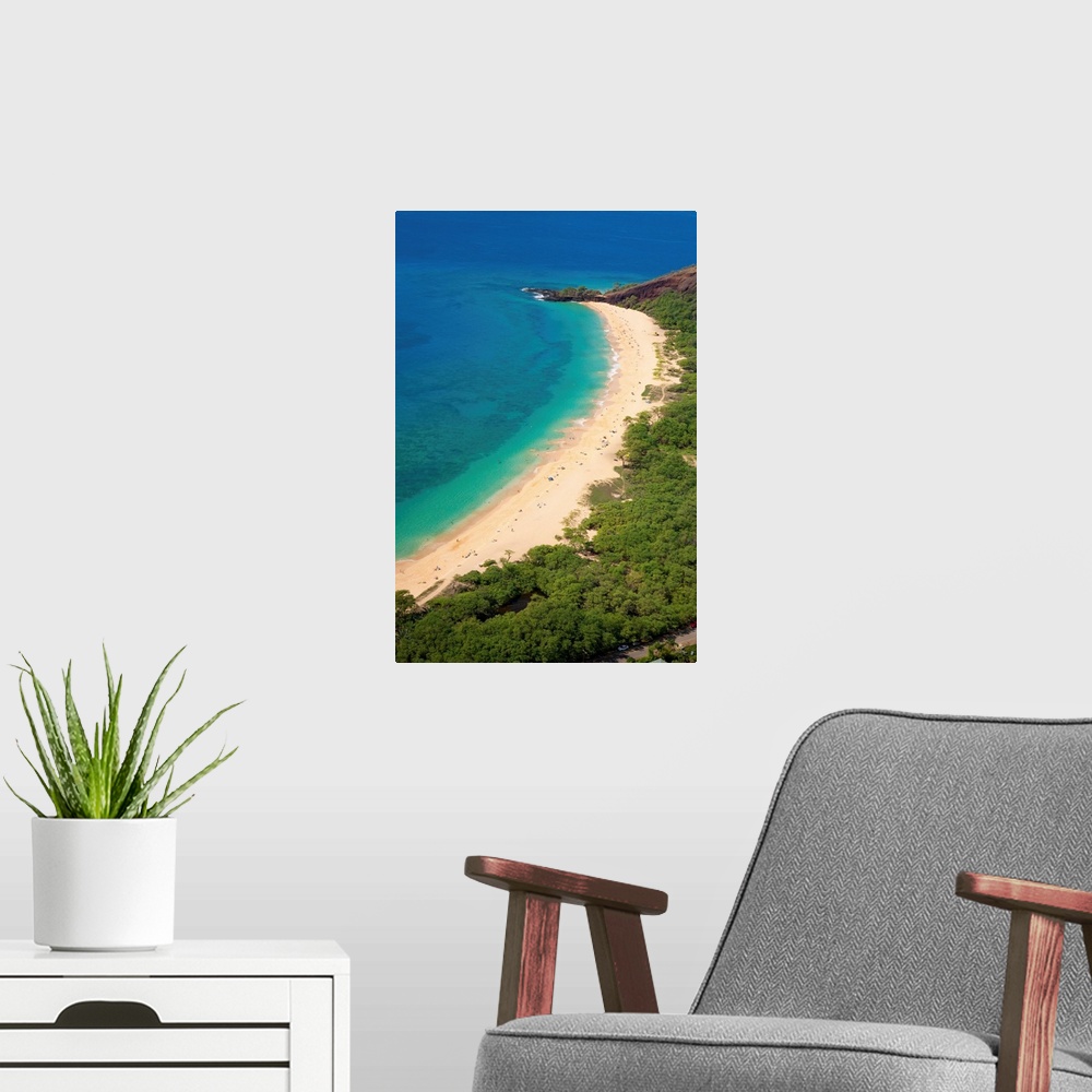 A modern room featuring Aerial view of Big Beach, also known as Makena Beach or by it's Hawaiian name , Oneloa Beach. It ...