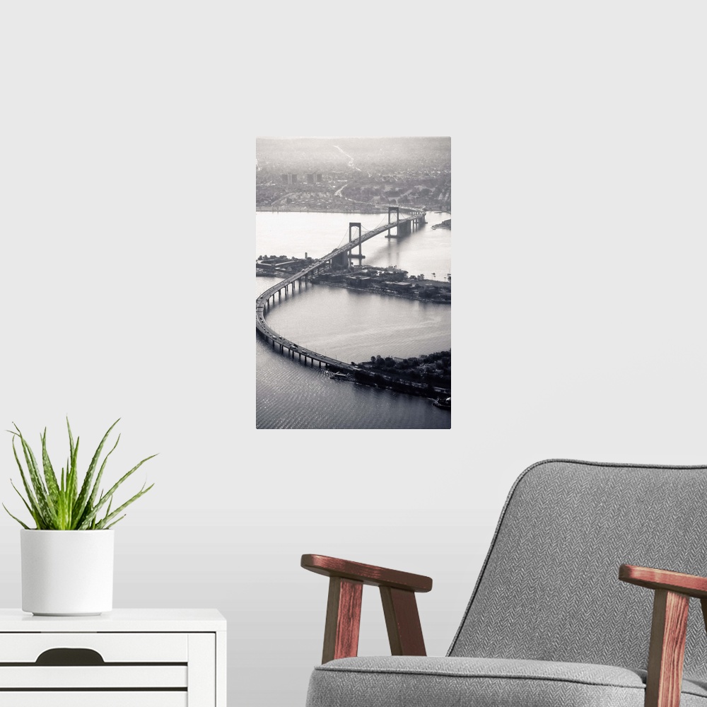 A modern room featuring Aerial view of Throgs-Neck Bridge in New York.